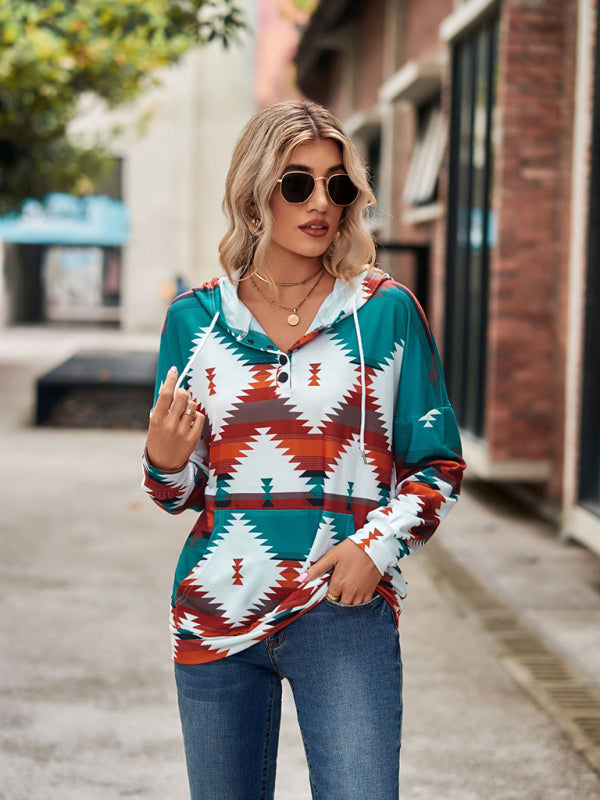 Hoodies- Cotton Aztec Sweatshirt - Hoodie Pullover- - Pekosa Women Clothing