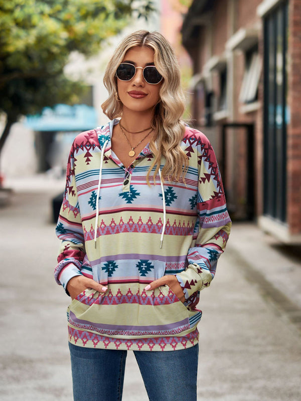 Hoodies- Cotton Aztec Sweatshirt - Hoodie Pullover- - Pekosa Women Clothing