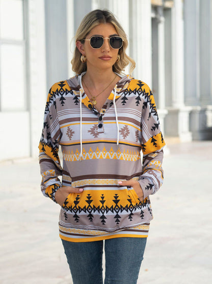 Hoodies- Cotton Aztec Sweatshirt - Hoodie Pullover- Yellow- Pekosa Women Clothing