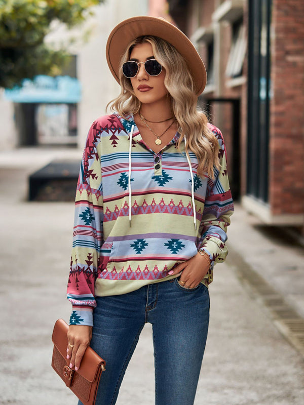 Hoodies- Cotton Aztec Sweatshirt - Hoodie Pullover- - Pekosa Women Clothing