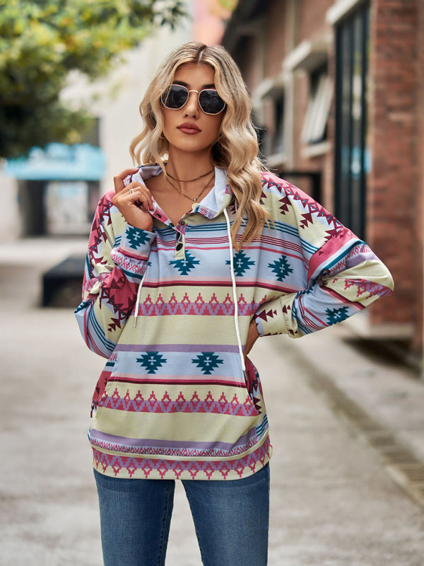 Hoodies- Cotton Aztec Sweatshirt - Hoodie Pullover- - Pekosa Women Clothing