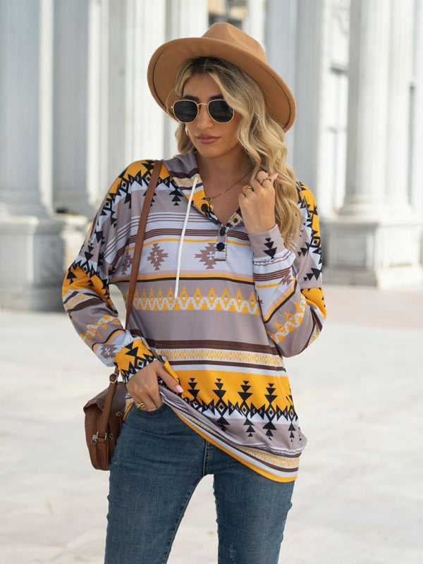 Hoodies- Cotton Aztec Sweatshirt - Hoodie Pullover- - Pekosa Women Clothing