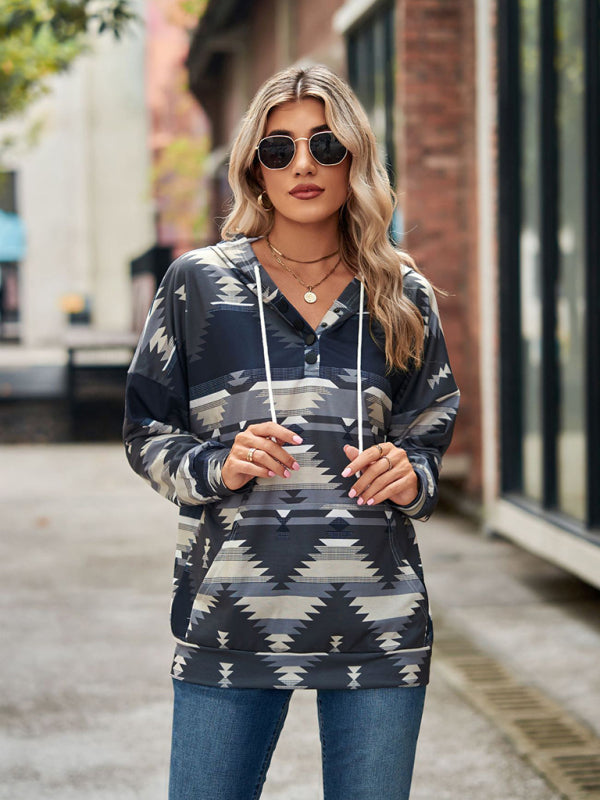 Hoodies- Cotton Aztec Sweatshirt - Hoodie Pullover- - Pekosa Women Clothing