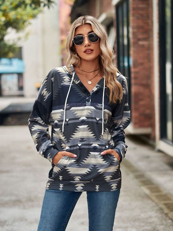 Hoodies- Cotton Aztec Sweatshirt - Hoodie Pullover- - Pekosa Women Clothing