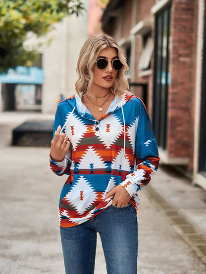 Hoodies- Cotton Aztec Sweatshirt - Hoodie Pullover- - Pekosa Women Clothing