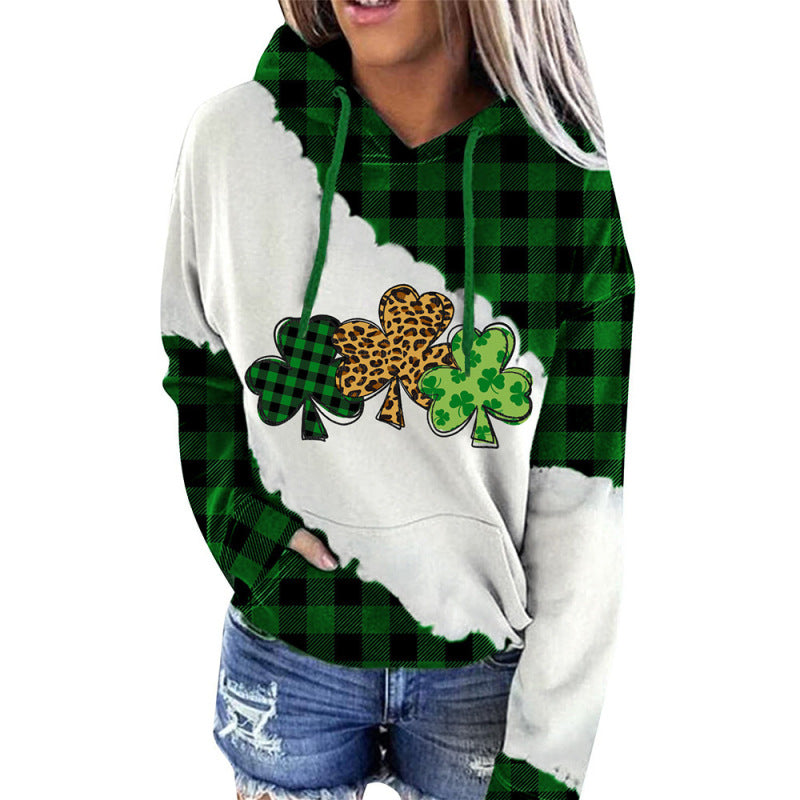 Hoodies- Four-Leaf Clover Print Hoodie for St. Patrick's Day- Green- Pekosa Women Clothing