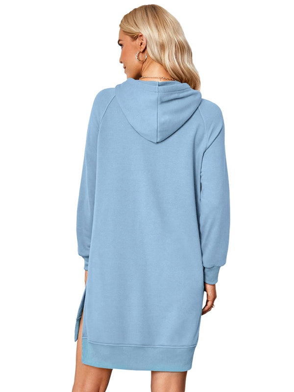 Hoodies- Hoodie Dress - Solid Mid-Length Sweatshirt with Kangaroo Pocket & Slits- - Pekosa Women Clothing