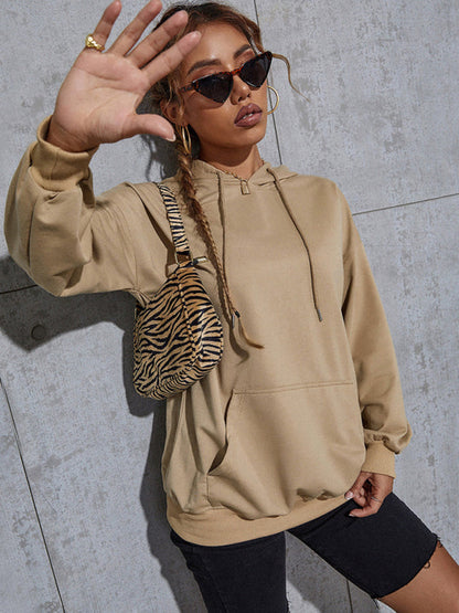 Hoodies- Kangaroo Pocket Cotton Sweatshirt - Long Sleeve Hoodie- Khaki- Pekosa Women Clothing