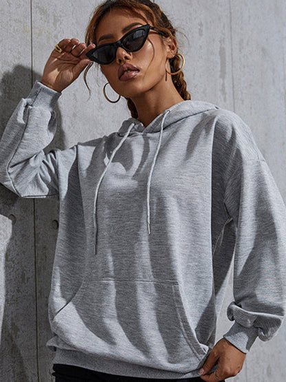 Hoodies- Kangaroo Pocket Cotton Sweatshirt - Long Sleeve Hoodie- Misty grey- Pekosa Women Clothing