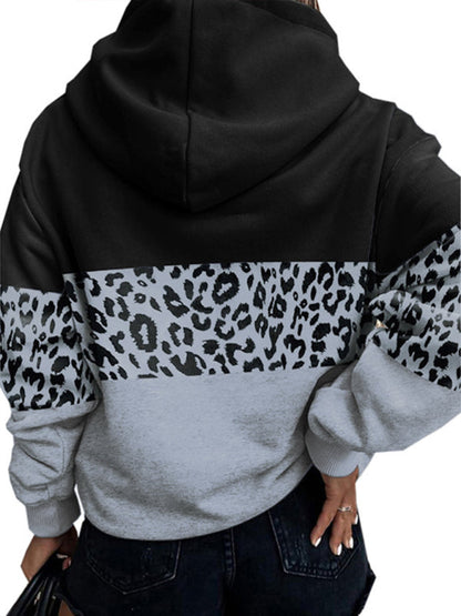 Hoodies- Leopard Print Patchwork Sweatshirt - Kangaroo Hoodie- - Pekosa Women Clothing