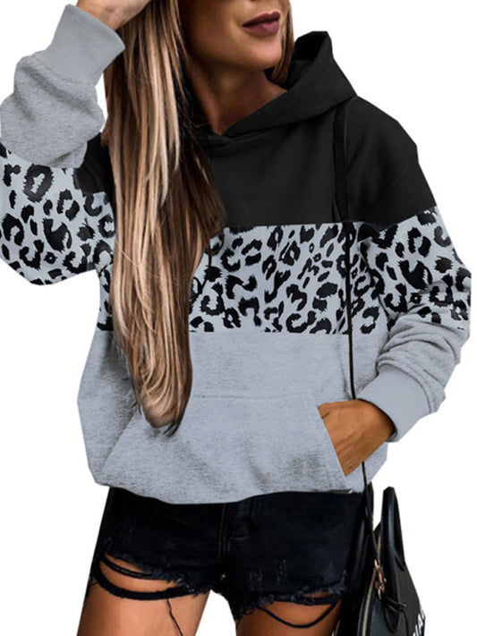 Hoodies- Leopard Print Patchwork Sweatshirt - Kangaroo Hoodie- Grey Panther- Pekosa Women Clothing