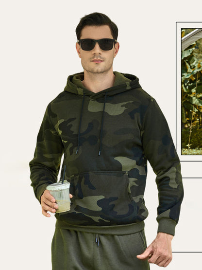 Hoodies- Military Men's Sport Hooded Camouflage Sweatshirt- Green- Pekosa Women Clothing