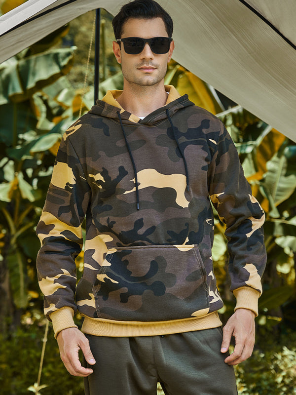 Hoodies- Military Men's Sport Hooded Camouflage Sweatshirt- Khaki- Pekosa Women Clothing