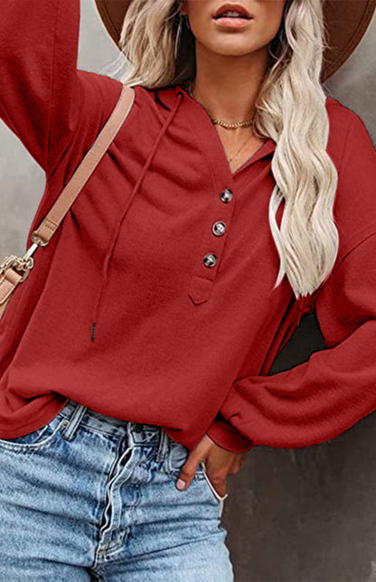 Hoodies- Oversized Cotton Blend Hoodie - Button-Down, Drop Shoulders Sweatshirt- Red- Pekosa Women Clothing