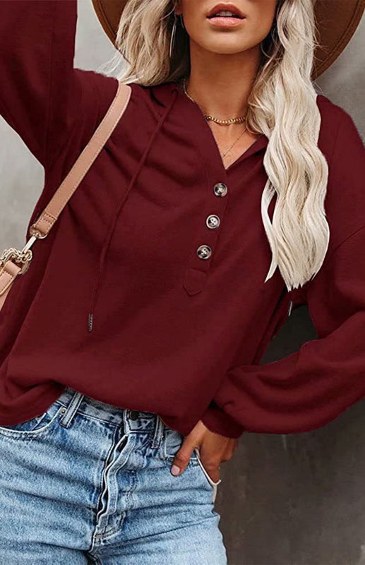 Hoodies- Oversized Cotton Blend Hoodie - Button-Down, Drop Shoulders Sweatshirt- - Pekosa Women Clothing