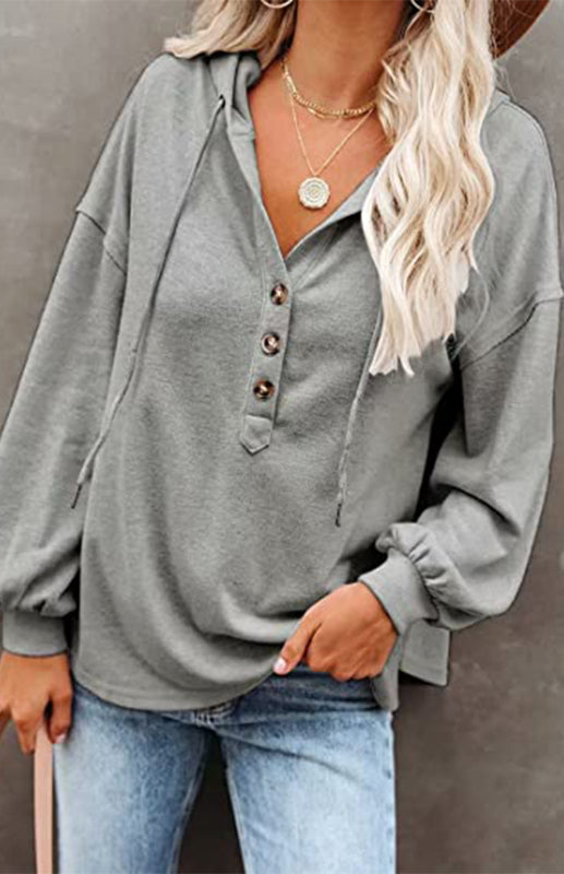 Hoodies- Oversized Cotton Blend Hoodie - Button-Down, Drop Shoulders Sweatshirt- - Pekosa Women Clothing