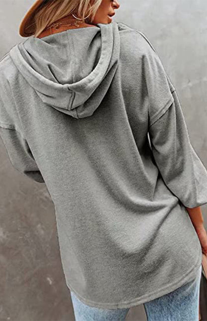 Hoodies- Oversized Cotton Blend Hoodie - Button-Down, Drop Shoulders Sweatshirt- - Pekosa Women Clothing