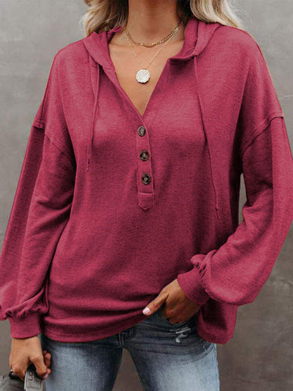 Hoodies- Oversized Cotton Blend Hoodie - Button-Down, Drop Shoulders Sweatshirt- Wine Red- Pekosa Women Clothing