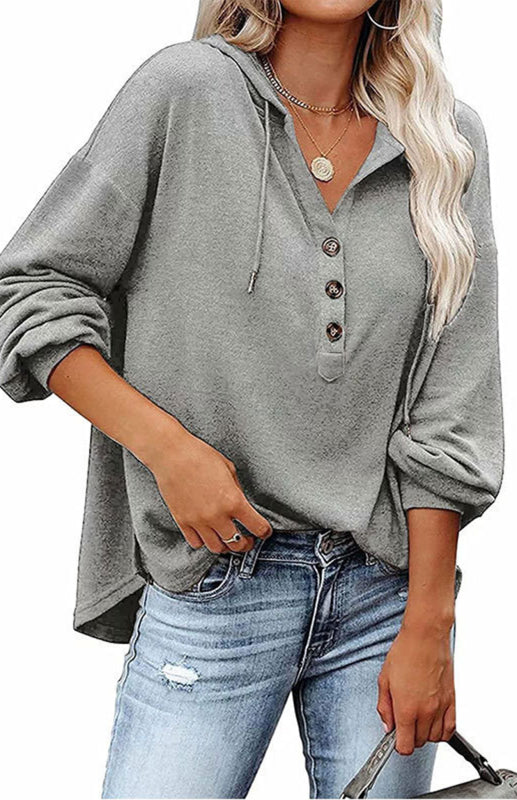 Hoodies- Oversized Cotton Blend Hoodie - Button-Down, Drop Shoulders Sweatshirt- - Pekosa Women Clothing