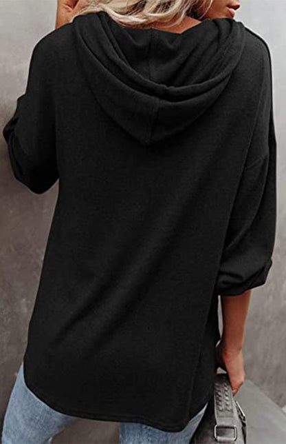 Hoodies- Oversized Cotton Blend Hoodie - Button-Down, Drop Shoulders Sweatshirt- - Pekosa Women Clothing