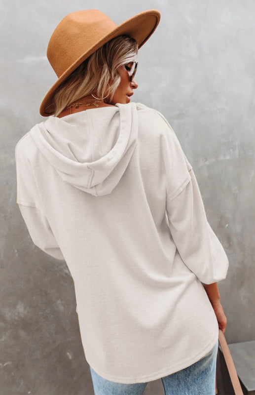 Hoodies- Oversized Cotton Blend Hoodie - Button-Down, Drop Shoulders Sweatshirt- - Pekosa Women Clothing