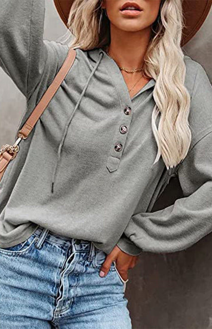 Hoodies- Oversized Cotton Blend Hoodie - Button-Down, Drop Shoulders Sweatshirt- - Pekosa Women Clothing