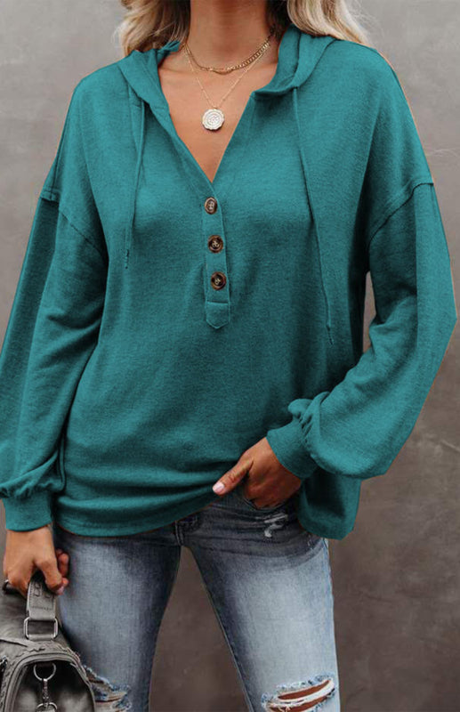 Hoodies- Oversized Cotton Blend Hoodie - Button-Down, Drop Shoulders Sweatshirt- Green- Pekosa Women Clothing