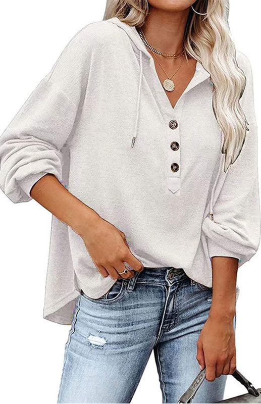 Hoodies- Oversized Cotton Blend Hoodie - Button-Down, Drop Shoulders Sweatshirt- - Pekosa Women Clothing