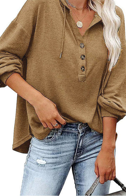 Hoodies- Oversized Cotton Blend Hoodie - Button-Down, Drop Shoulders Sweatshirt- - Pekosa Women Clothing