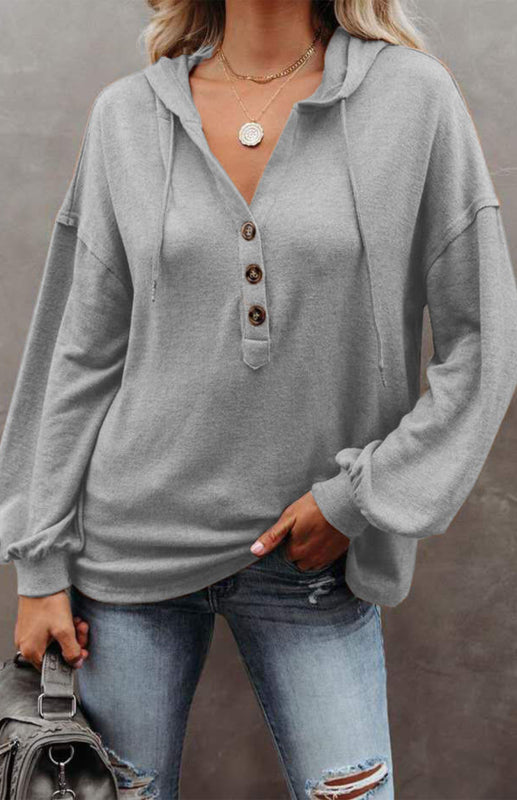 Hoodies- Oversized Cotton Blend Hoodie - Button-Down, Drop Shoulders Sweatshirt- Grey- Pekosa Women Clothing