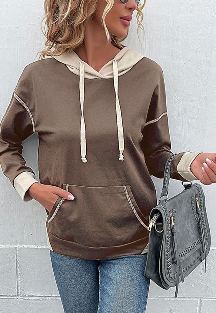 Hoodies- Oversized Kangaroo Pocket Hoodie - Hooded Sweatshirt- - Pekosa Women Clothing