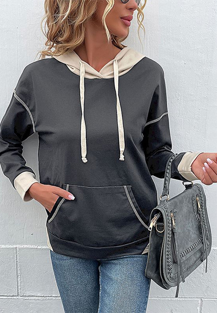 Hoodies- Oversized Kangaroo Pocket Hoodie - Hooded Sweatshirt- - Pekosa Women Clothing