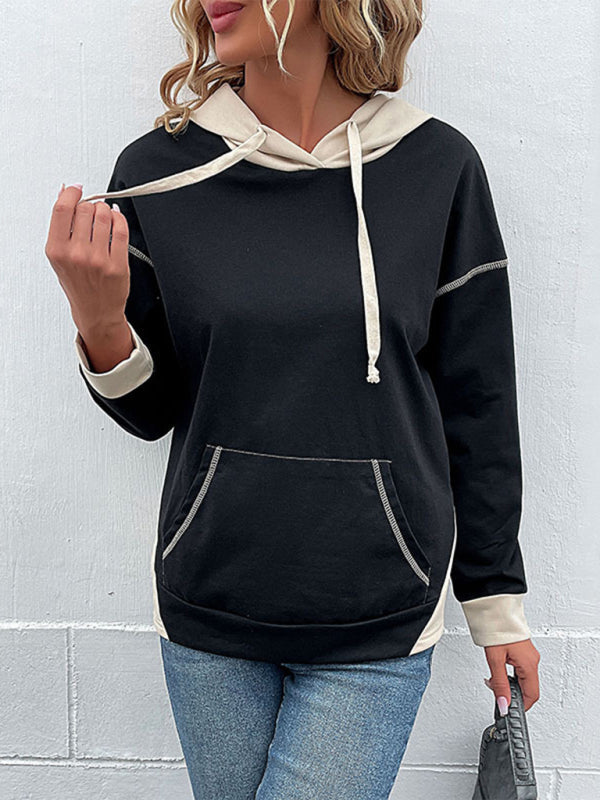 Hoodies- Oversized Kangaroo Pocket Hoodie - Hooded Sweatshirt- Black- Pekosa Women Clothing