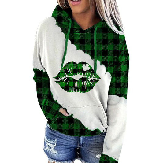 Hoodies- Plaid Saint Patrick's Day Hooded Sweatshirt with Lips Print- Green- Pekosa Women Clothing