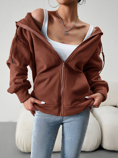 Hoodies- Plush Fleece Kangaroo Pockets Zip-Up Hoodie Jacket- Brown- Pekosa Women Clothing