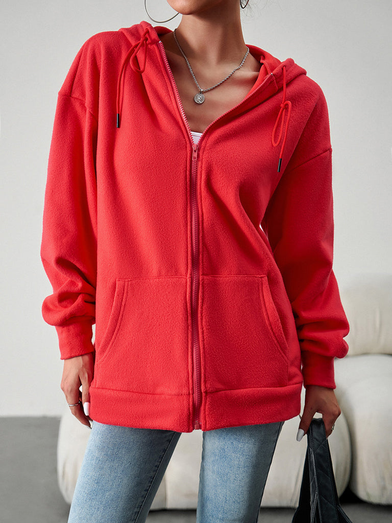 Hoodies- Plush Fleece Kangaroo Pockets Zip-Up Hoodie Jacket- - Pekosa Women Clothing