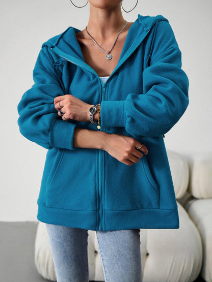 Hoodies- Plush Fleece Kangaroo Pockets Zip-Up Hoodie Jacket- Blue- Pekosa Women Clothing