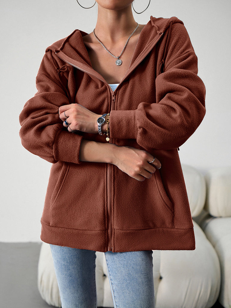 Hoodies- Plush Fleece Kangaroo Pockets Zip-Up Hoodie Jacket- - Pekosa Women Clothing