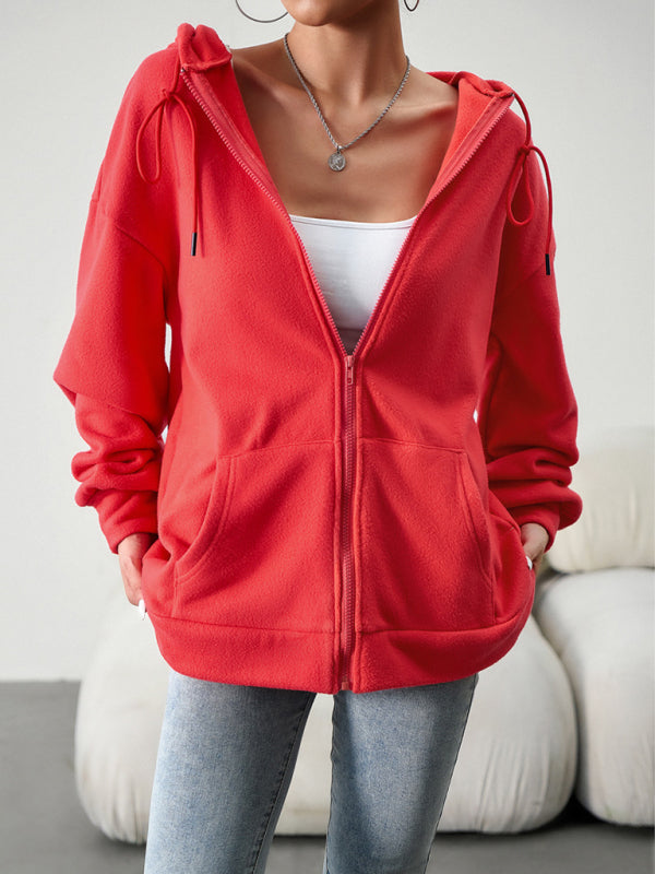 Hoodies- Plush Fleece Kangaroo Pockets Zip-Up Hoodie Jacket- Red- Pekosa Women Clothing