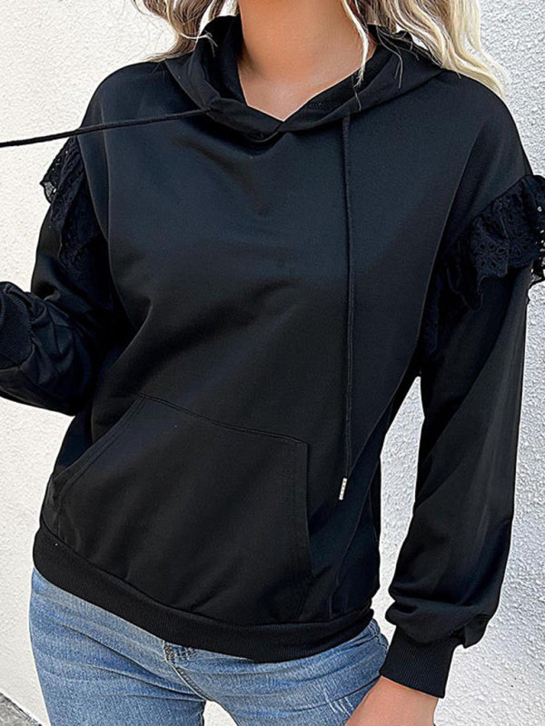 Hoodies- Ruffle Shoulder Hoodie - Sweatshirt with Kangaroo Pockets- Black- Pekosa Women Clothing