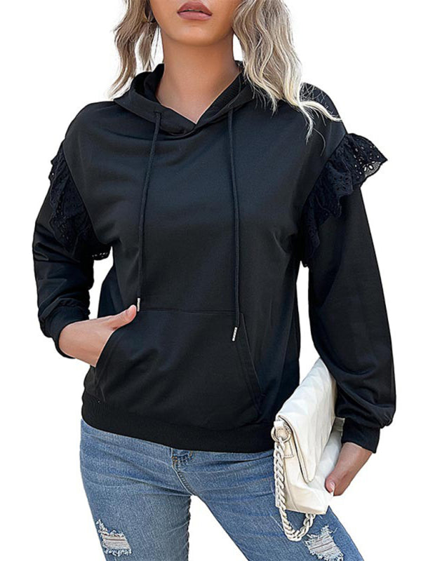 Hoodies- Ruffle Shoulder Hoodie - Sweatshirt with Kangaroo Pockets- - Pekosa Women Clothing