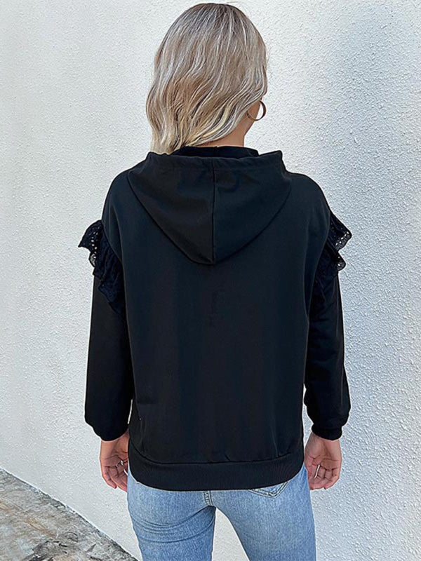 Hoodies- Ruffle Shoulder Hoodie - Sweatshirt with Kangaroo Pockets- - Pekosa Women Clothing