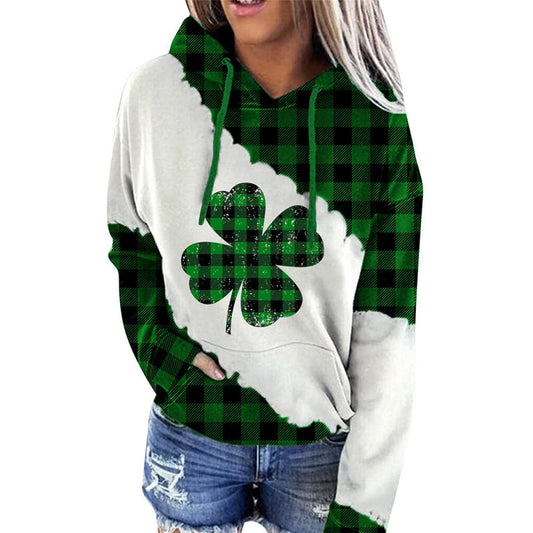 Hoodies- Saint Patrick's Day Hoodie with Festive Four-Leaf Clover- Green- Pekosa Women Clothing