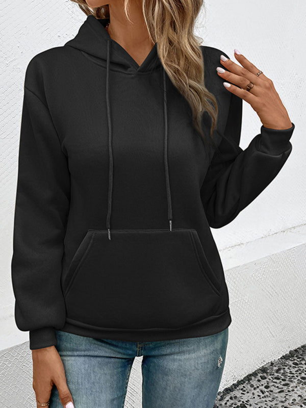 Hoodies- Solid Fleece Kangaroo Pocket Hoodie Sweatshirt- - Pekosa Women Clothing