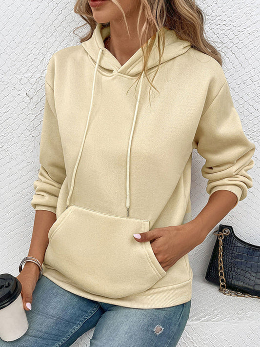 Hoodies- Solid Fleece Kangaroo Pocket Hoodie Sweatshirt- Cracker khaki- Pekosa Women Clothing