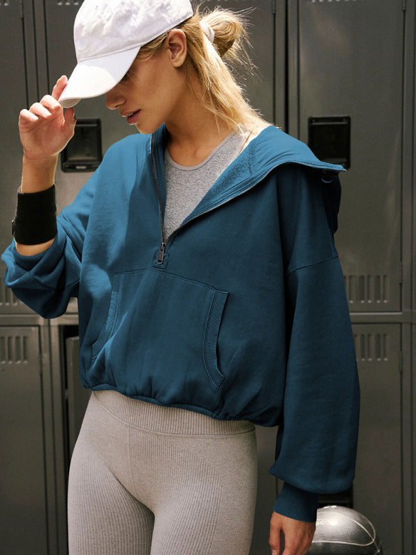 Hoodies- Sport Athletic Kangaroo Pocket Hooded Sweatshirt- Blue- Pekosa Women Clothing