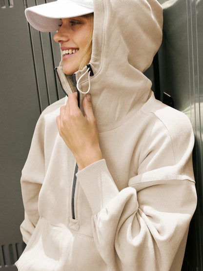 Hoodies- Sport Athletic Kangaroo Pocket Hooded Sweatshirt- Cracker khaki- Pekosa Women Clothing