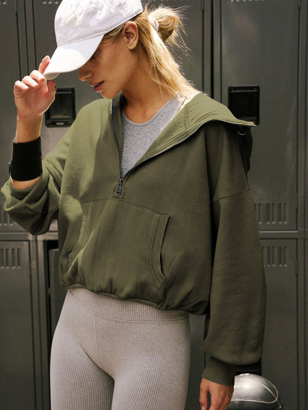 Hoodies- Sport Athletic Kangaroo Pocket Hooded Sweatshirt- Green- Pekosa Women Clothing