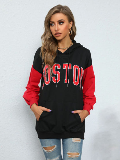 Hoodies- Sporty Color Block Drop Shoulder BOSTON Print Hoodie Sweatshirt- - Pekosa Women Clothing