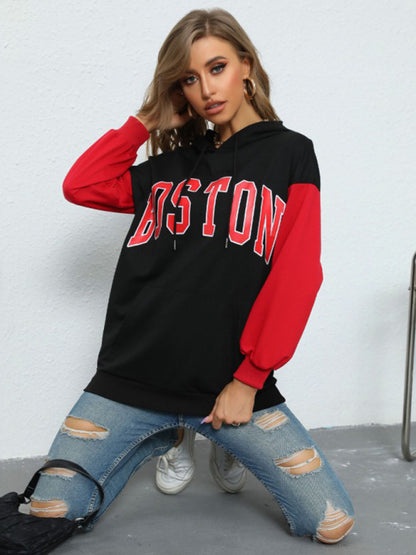 Hoodies- Sporty Color Block Drop Shoulder BOSTON Print Hoodie Sweatshirt- - Pekosa Women Clothing